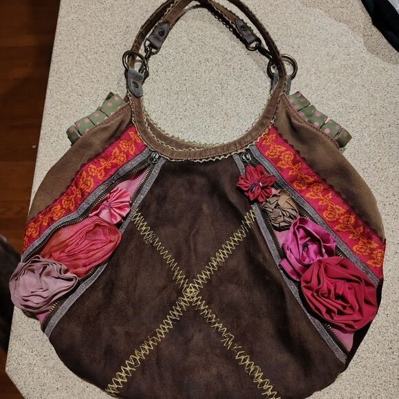 Boho  Canvas And Faux Suede Hobo Purse - Picture 1 of 7